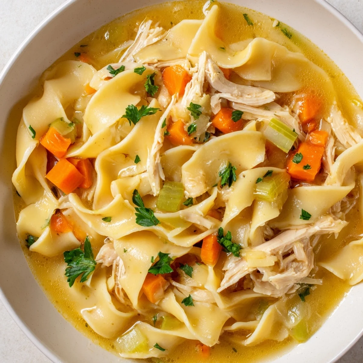 A close-up of Chicken Noodle Soup with Egg Noodles shows glossy egg noodles and fresh parsley garnish in a rustic bowl.