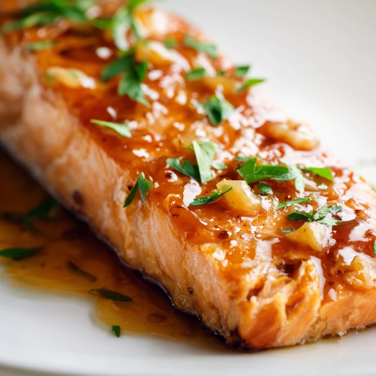 Golden-brown Baked Salmon with Honey Garlic Glaze, glistening with a sticky, sweet and savory sauce on a white plate.