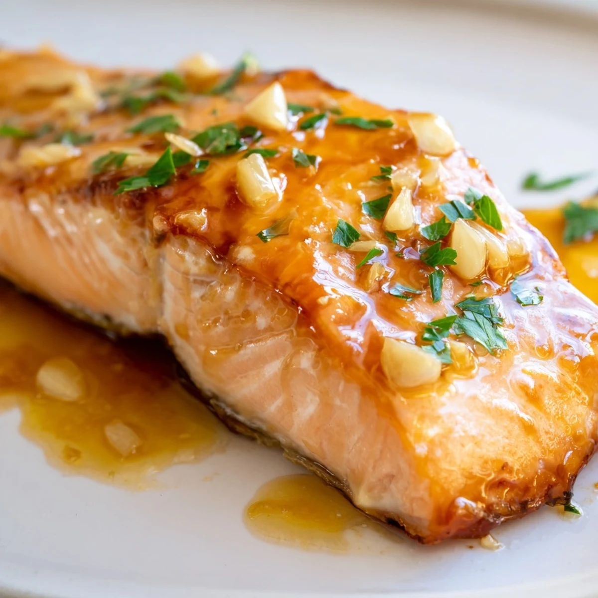 A close-up of Baked Salmon with Honey Garlic Glaze, flaking tenderly with a fork alongside lemon wedges and parsley.