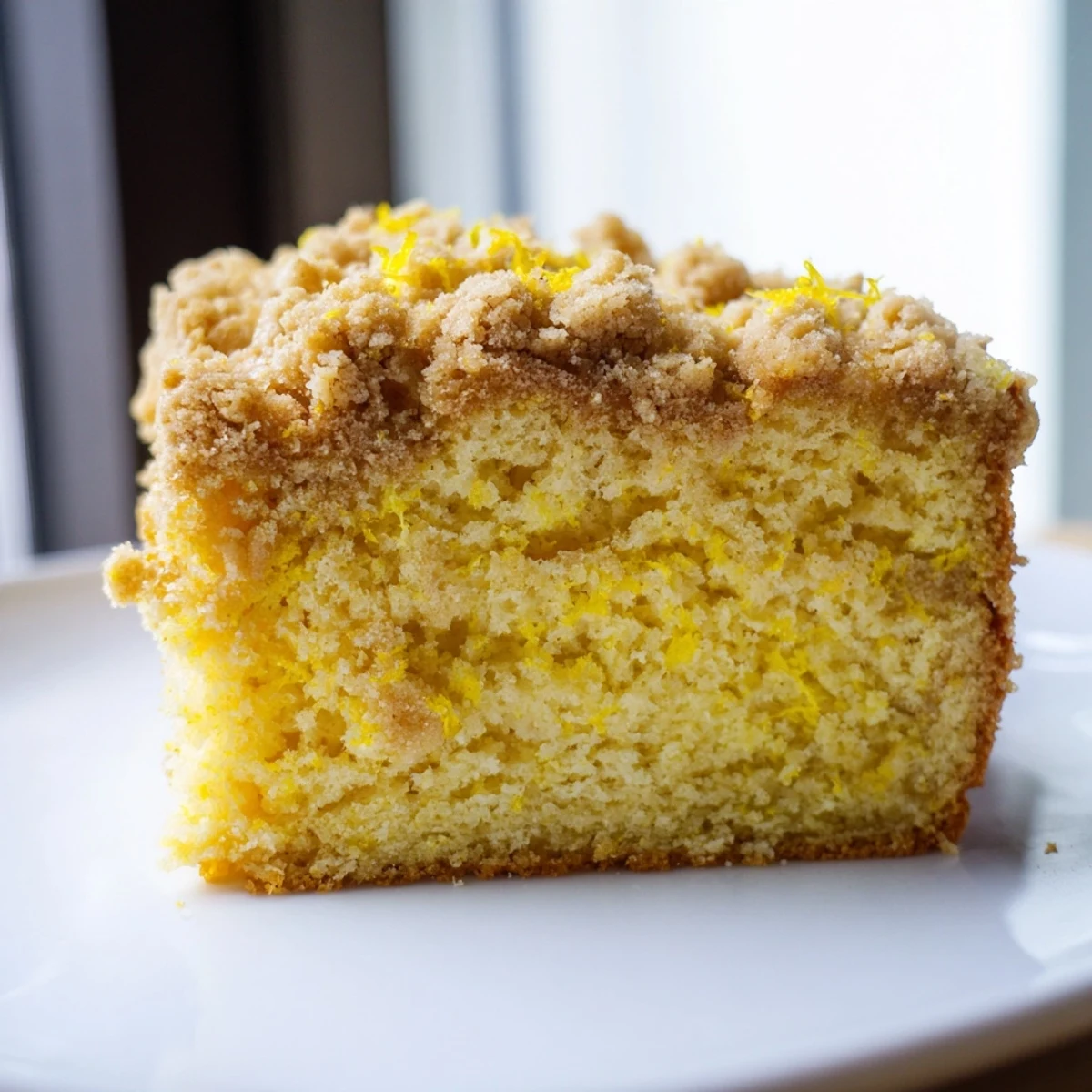 A freshly baked Lemon Coffee Cake with Crumble sits on a white plate, showcasing its golden crumb topping and zesty lemon glaze.