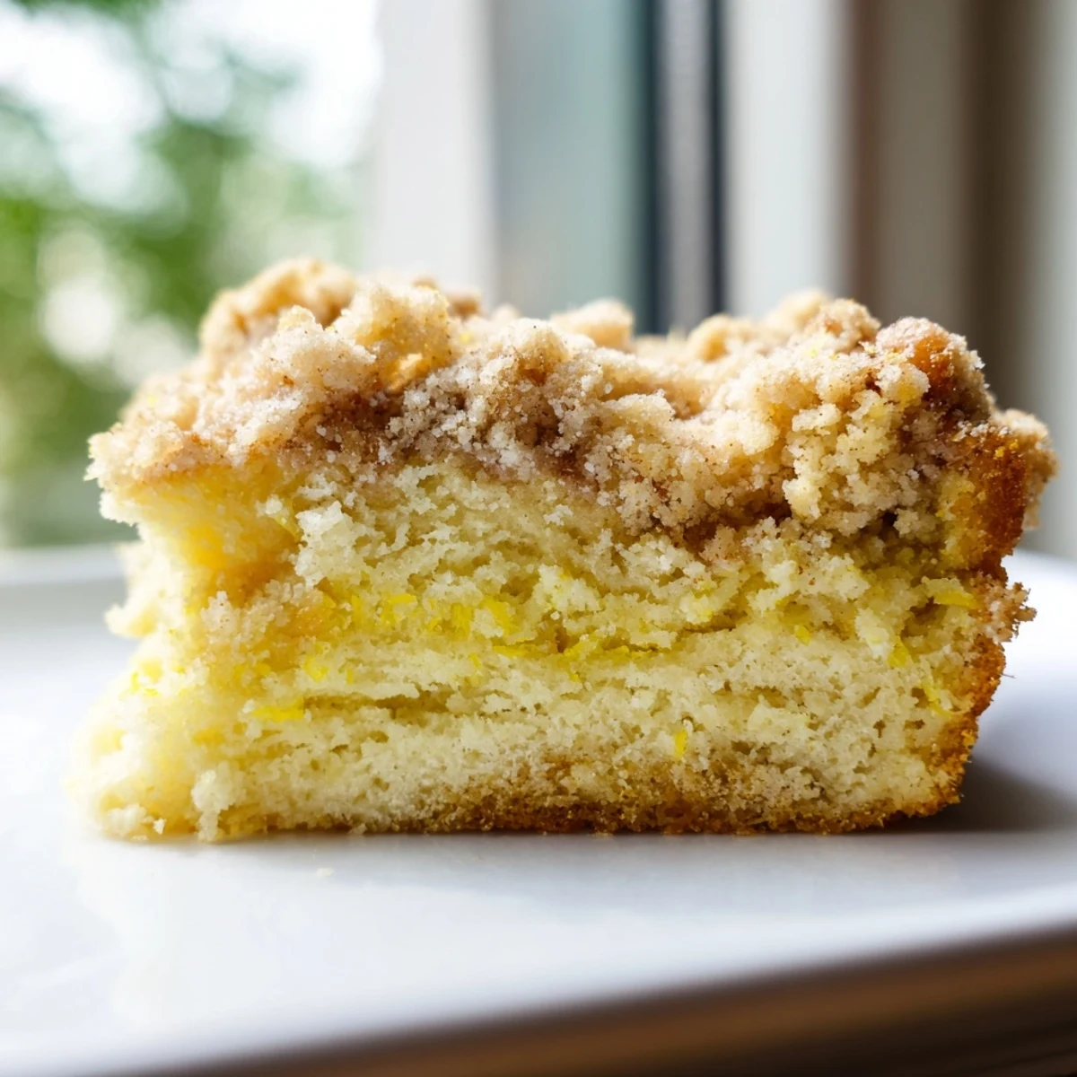 A slice of Lemon Coffee Cake with Crumble reveals a moist interior and a generous, buttery crumble topping, perfect for a sweet snack.