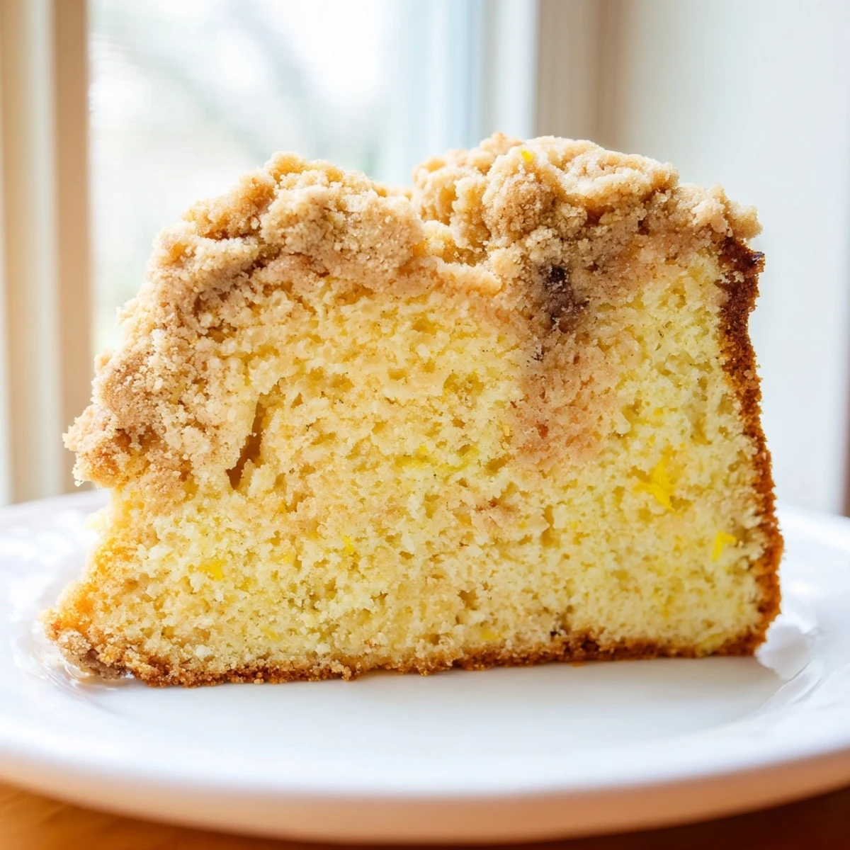An overhead view of Lemon Coffee Cake with Crumble highlights the crunchy streusel and a light drizzle of lemon glaze over the surface.