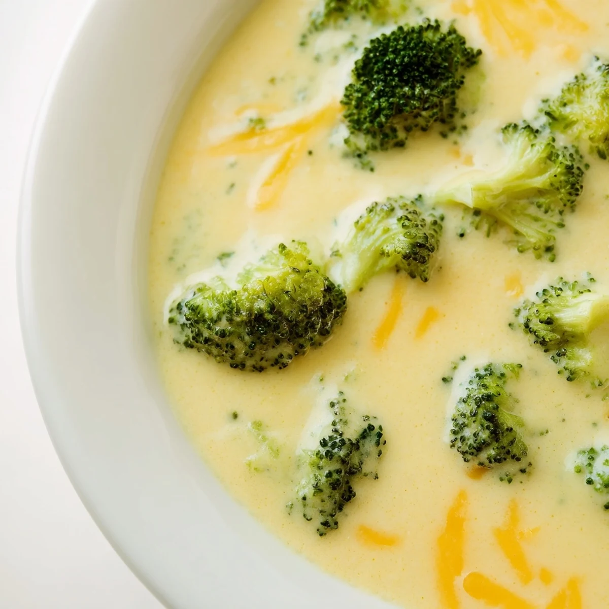 Steaming bowl of homemade green broccoli cheddar soup paired with crusty bread on a wooden table.