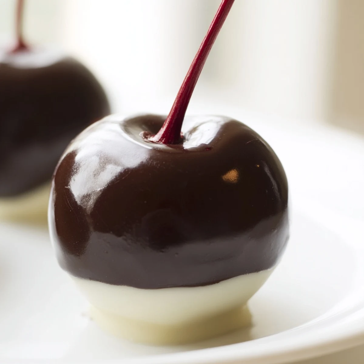 Glossy Valentine Chocolate Covered Cherries with maraschino stems, dipped in dark chocolate for a romantic, sweet gift.