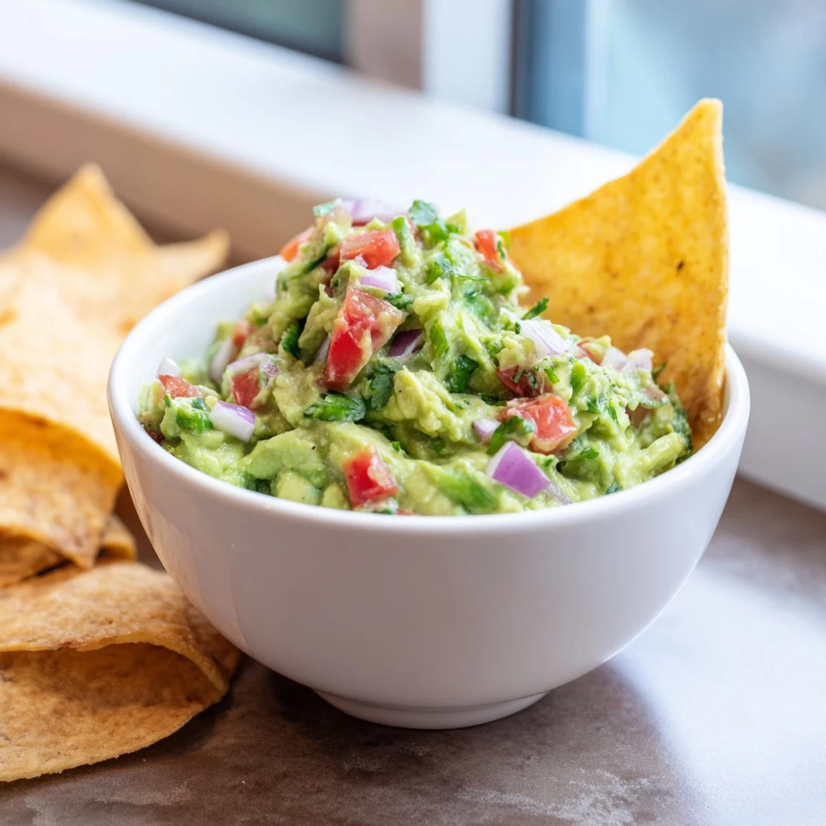 Creamy Super Bowl Guacamole with Chips in a festive bowl, garnished with fresh cilantro and lime wedges, served for game day.