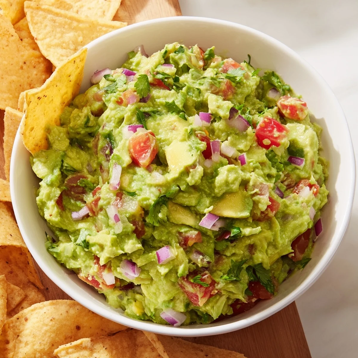 Freshly made Super Bowl Guacamole with Chips displayed in a terracotta bowl, with golden tortilla chips and colorful vegetable dippers nearby.