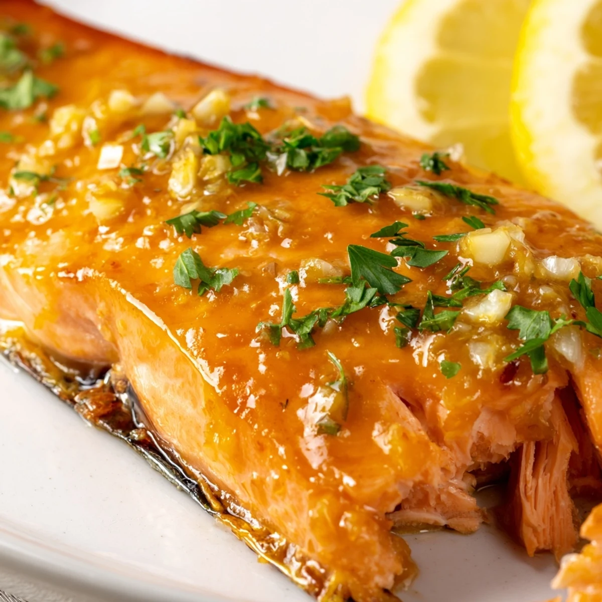 Freshly baked salmon fillets with a glossy maple glaze, garnished with parsley and lemon wedges for a bright, savory dinner.