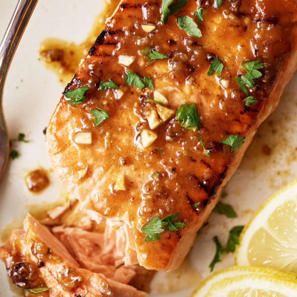 Golden-baked salmon fillets brushed with a sweet and savory maple glaze, served on a white plate with lemon wedges.