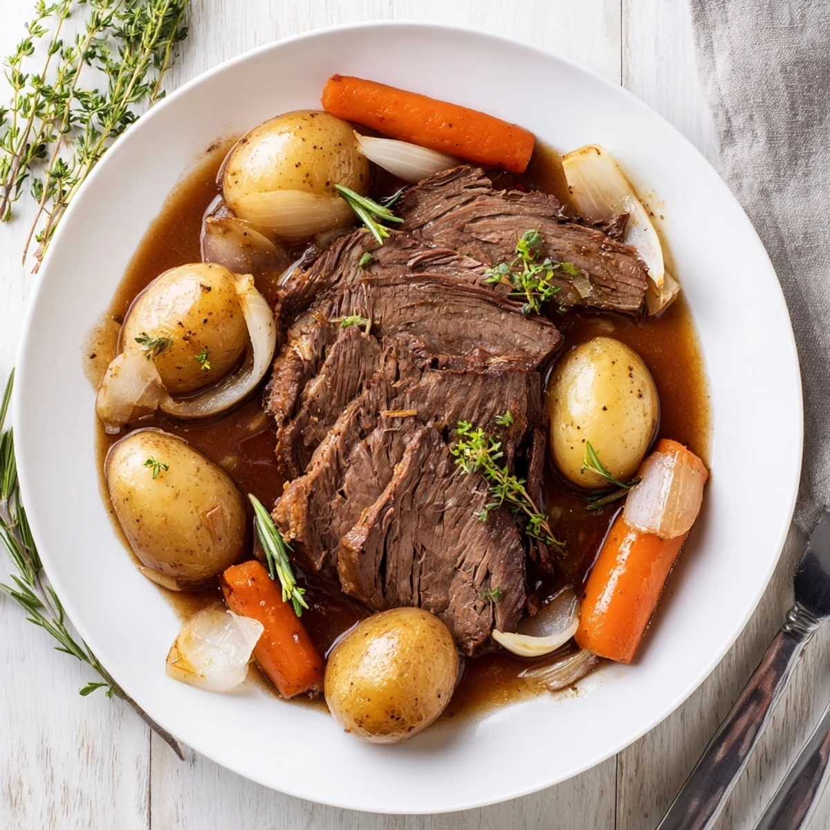 Golden-brown Slow Cooker Pot Roast with Carrots surrounded by soft potatoes, onions, and celery in a hearty bowl.