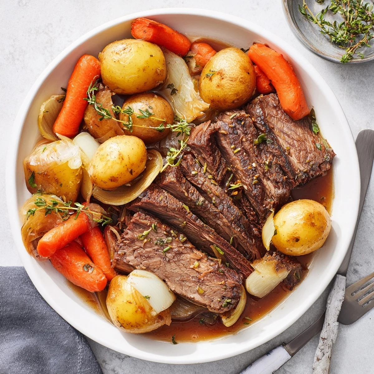 Hearty Slow Cooker Pot Roast with Carrots served alongside vibrant orange carrots and fresh thyme sprigs for a comforting dinner.