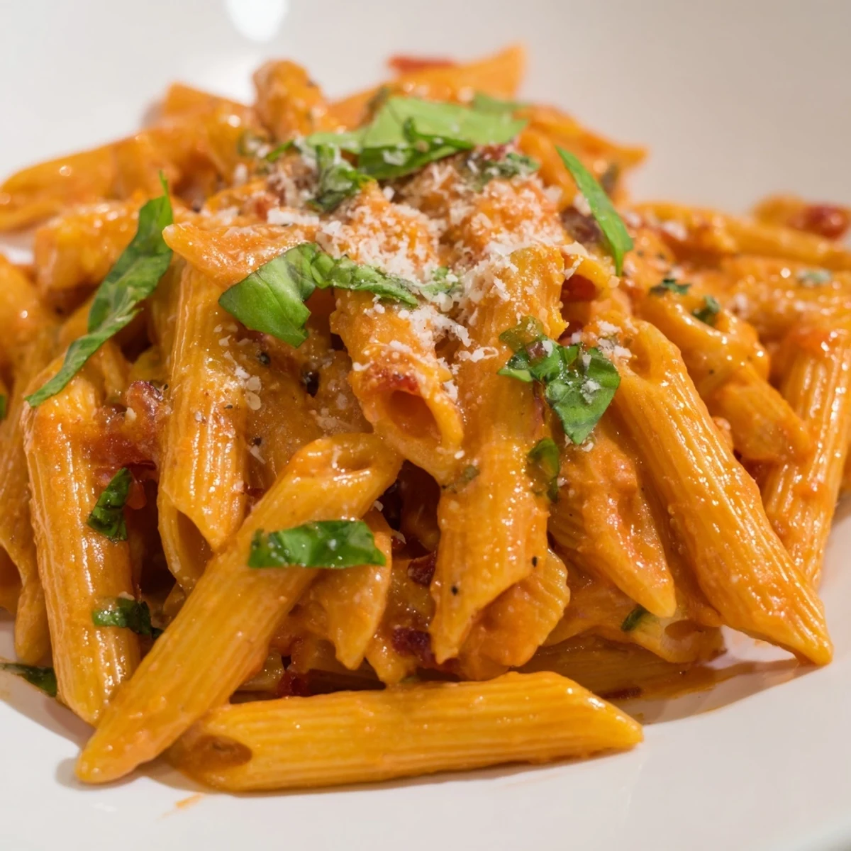 Creamy Tomato Basil Pasta served in a white bowl, garnished with fresh basil and Parmesan, steaming gently.  