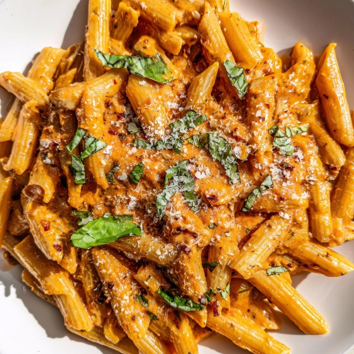 A close-up of Creamy Tomato Basil Pasta with a velvety red sauce clinging to each al dente noodle.  