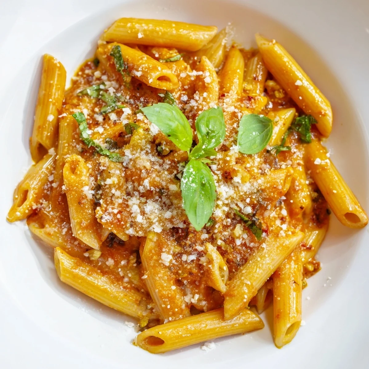 A rustic skillet of Creamy Tomato Basil Pasta, topped with basil and a drizzle of olive oil.