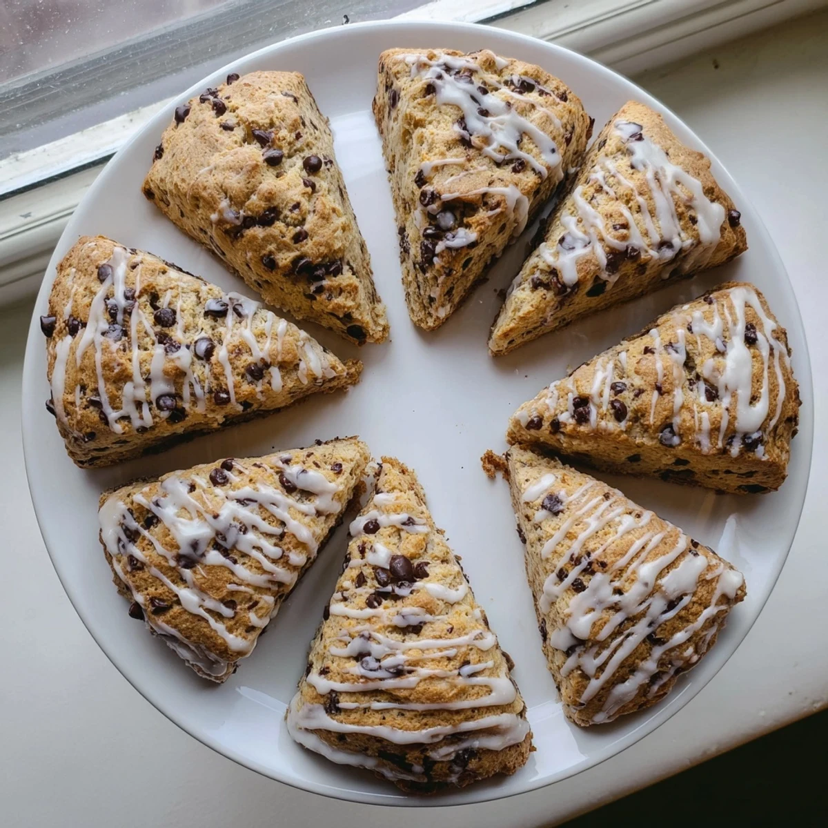 Freshly baked chocolate chip scones drizzled with sweet vanilla glaze on a rustic wooden table.  