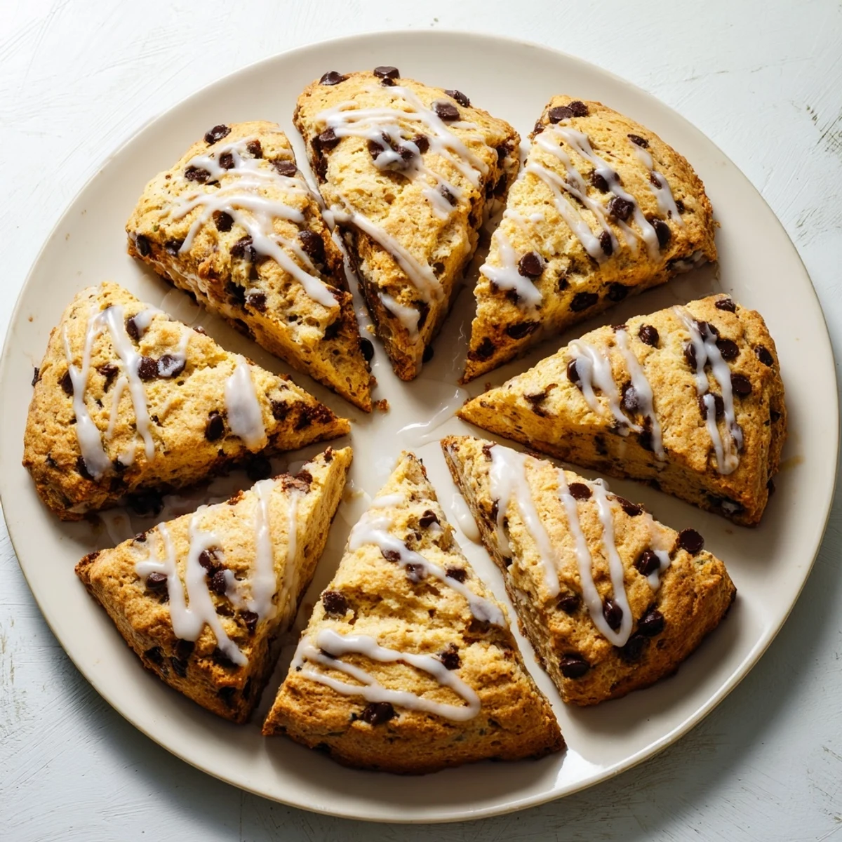 Warm chocolate chip scones with golden edges, served on a white plate with a glass of milk.  
