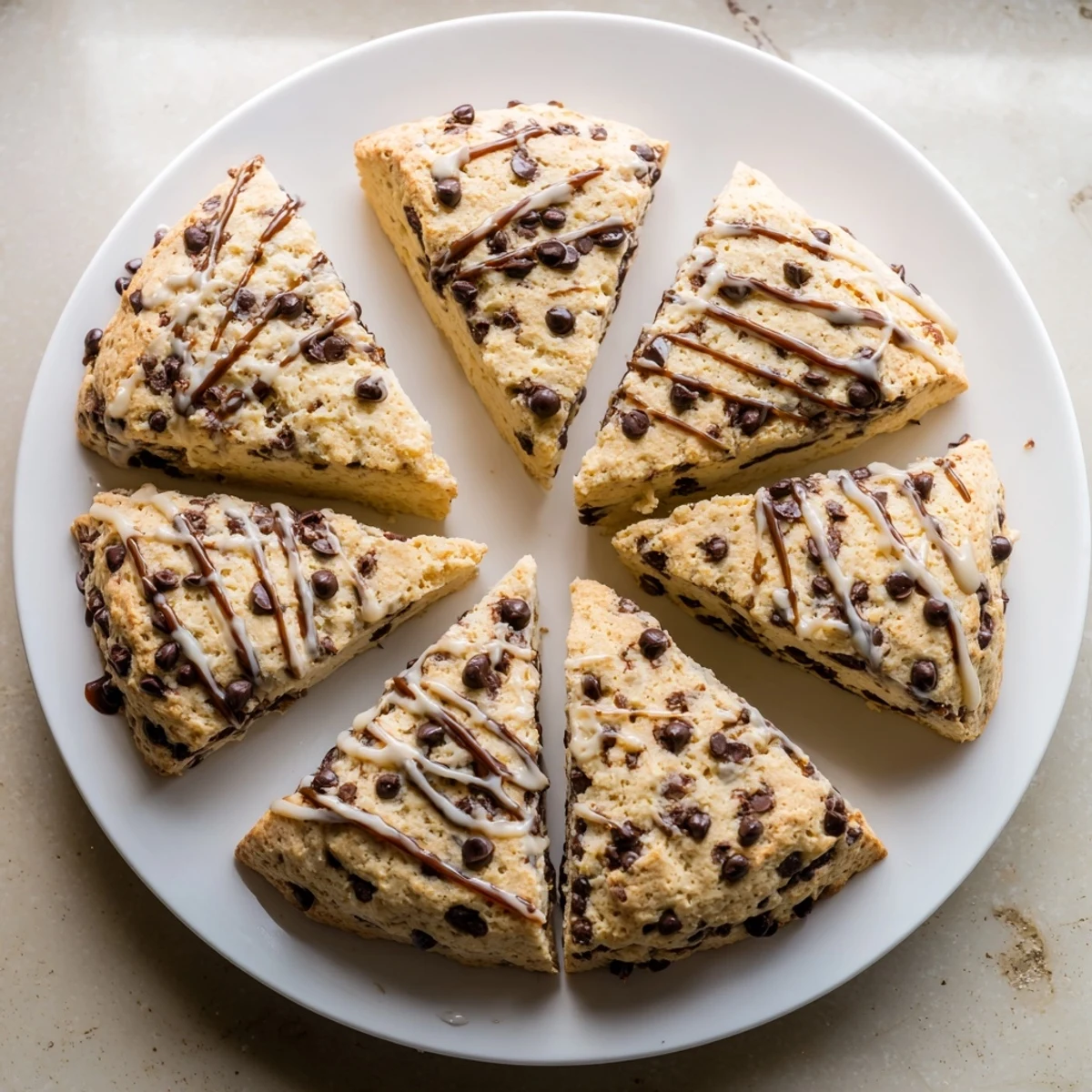 Homemade chocolate chip scones with melted chocolate chips and a smooth vanilla glaze for breakfast.