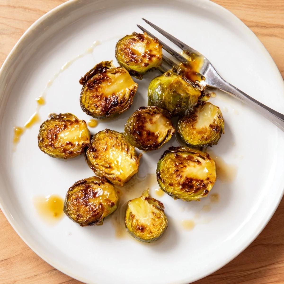 A close-up of golden brown Roasted Brussels Sprouts with Honey glistening on a baking sheet.