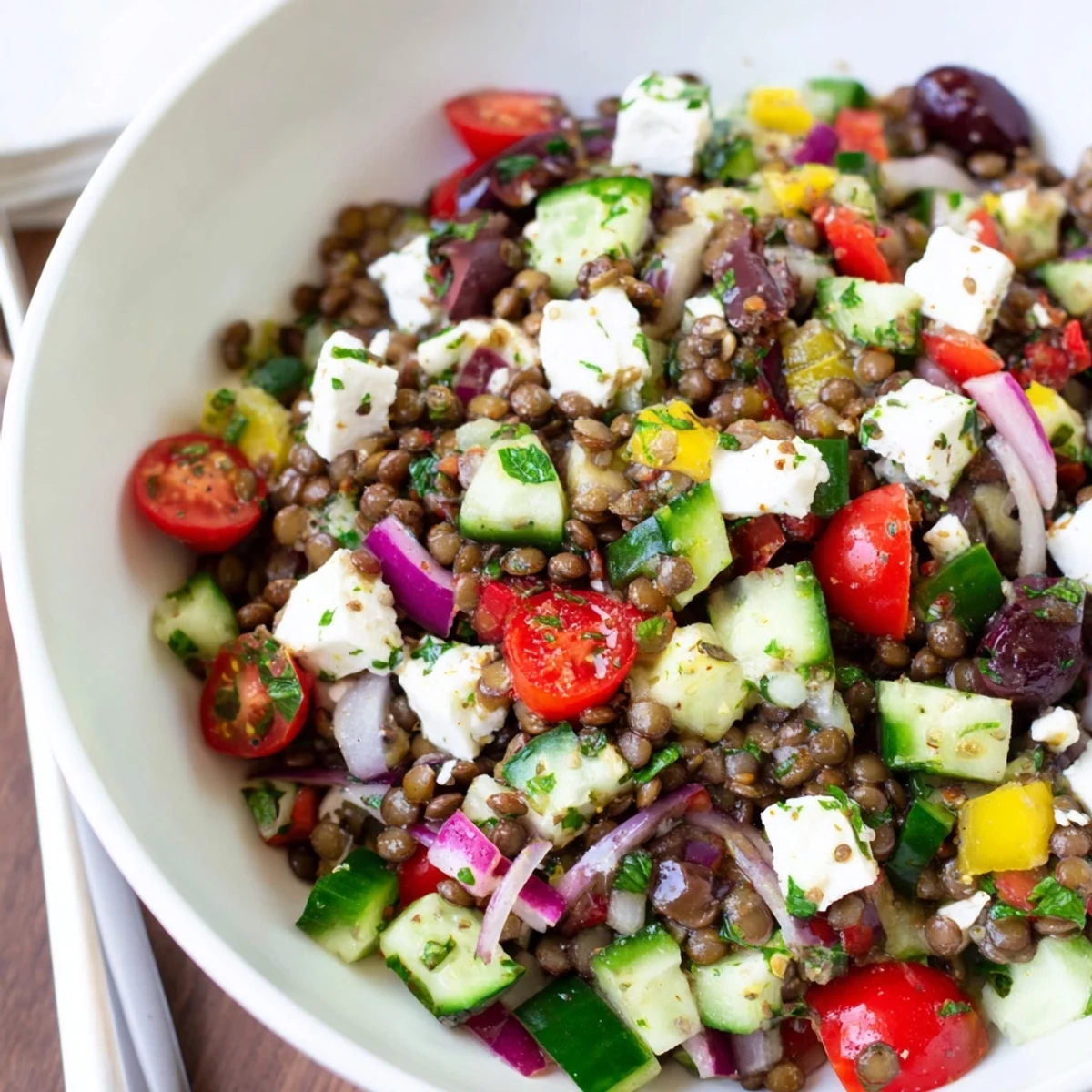 A vibrant Mediterranean Lentil Salad with feta, cucumber, tomatoes, and olives on a white plate, garnished with fresh herbs.