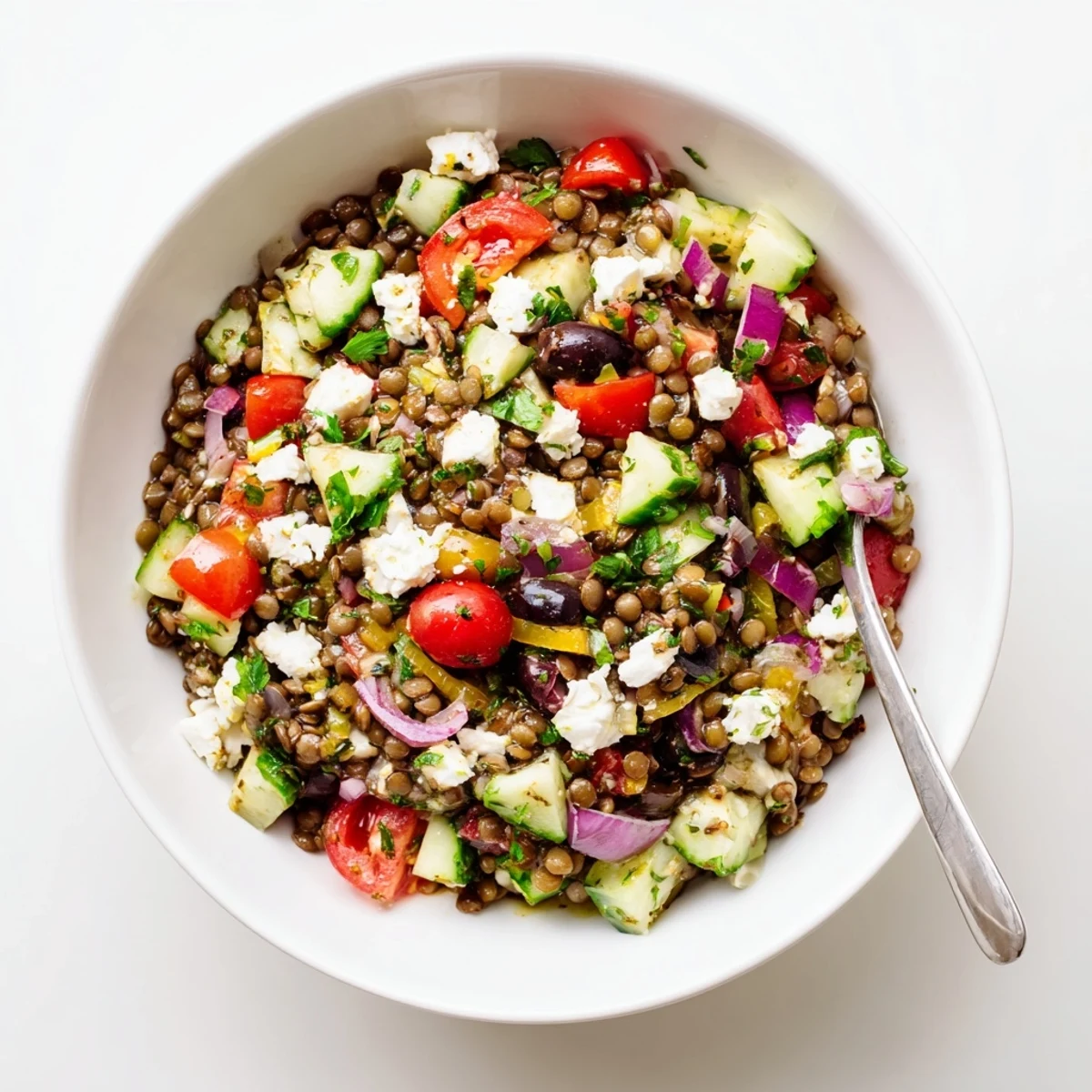 This protein-packed Mediterranean Lentil Salad features tender lentils and crumbled feta, perfect for a light vegetarian lunch or side.
