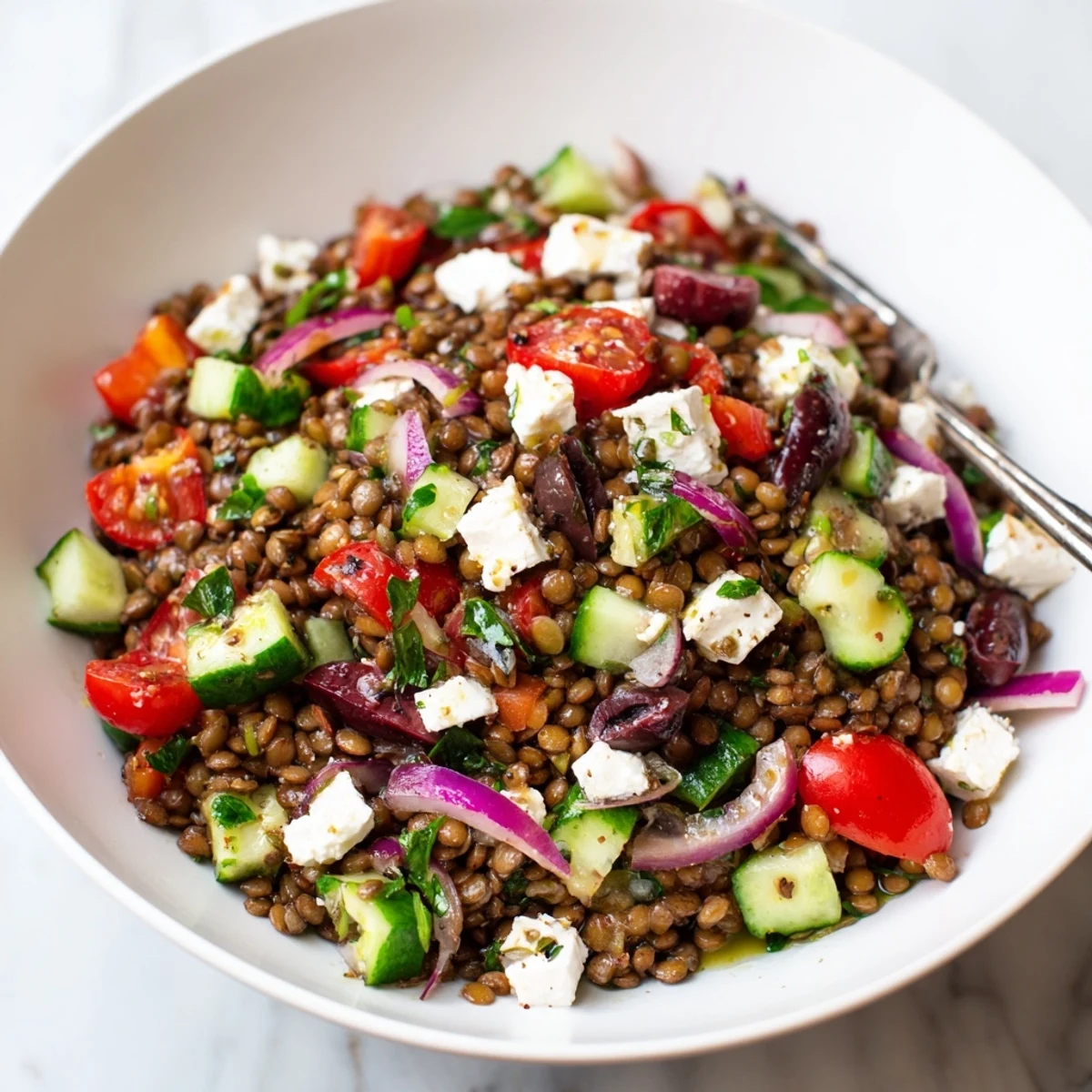 Close-up of a colorful Mediterranean Lentil Salad with feta, showcasing crisp veggies and a zesty lemon-herb dressing.