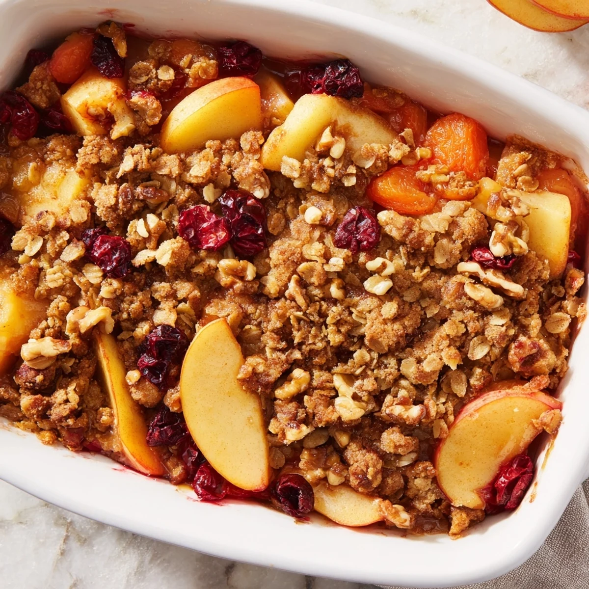 A close-up of Winter Fruit Crisp with Topping in a baking dish, featuring golden oat crumble over bubbling baked apples and pears.