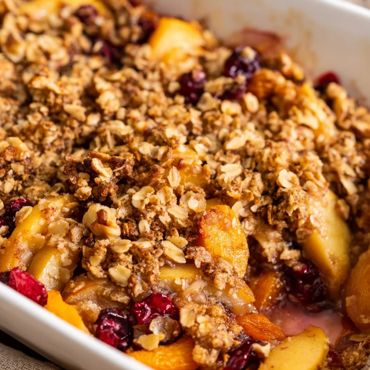 Warm Winter Fruit Crisp with Topping served in a rustic dish, accompanied by a scoop of vanilla ice cream melting on top.