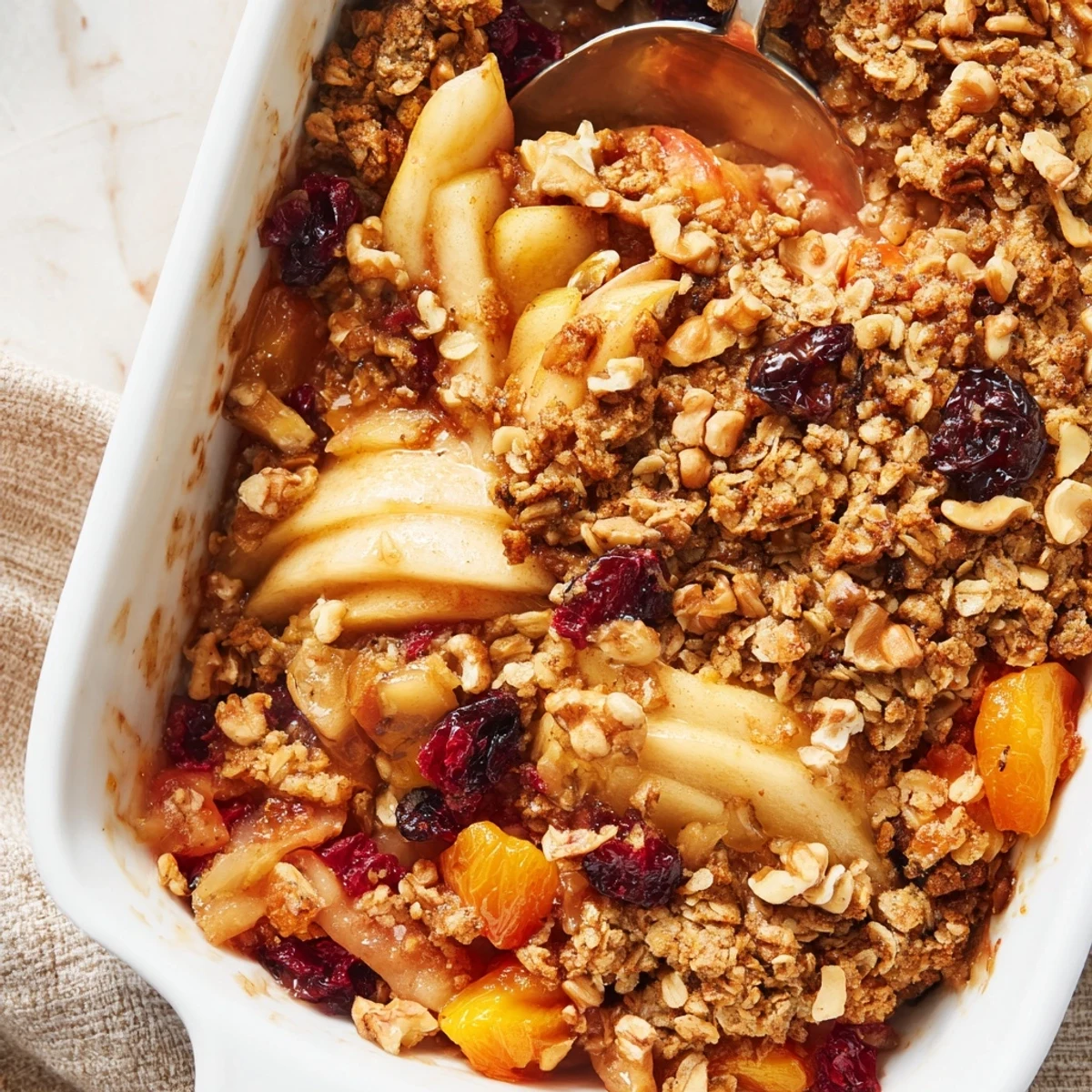 Freshly baked Winter Fruit Crisp with Topping cooling on a counter, showcasing the crunchy oat and nut topping over colorful winter fruits.