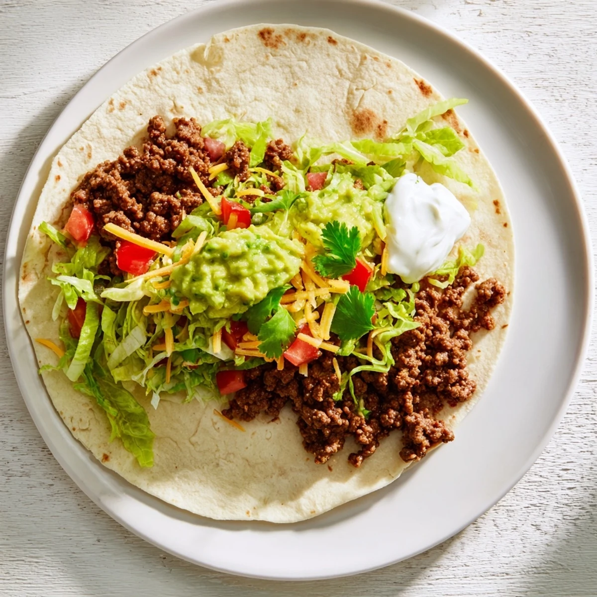 Golden-brown seasoned ground beef simmering in a rich tomato-cumin sauce, ready to be spooned into soft warm flour tortillas for classic beef tacos.