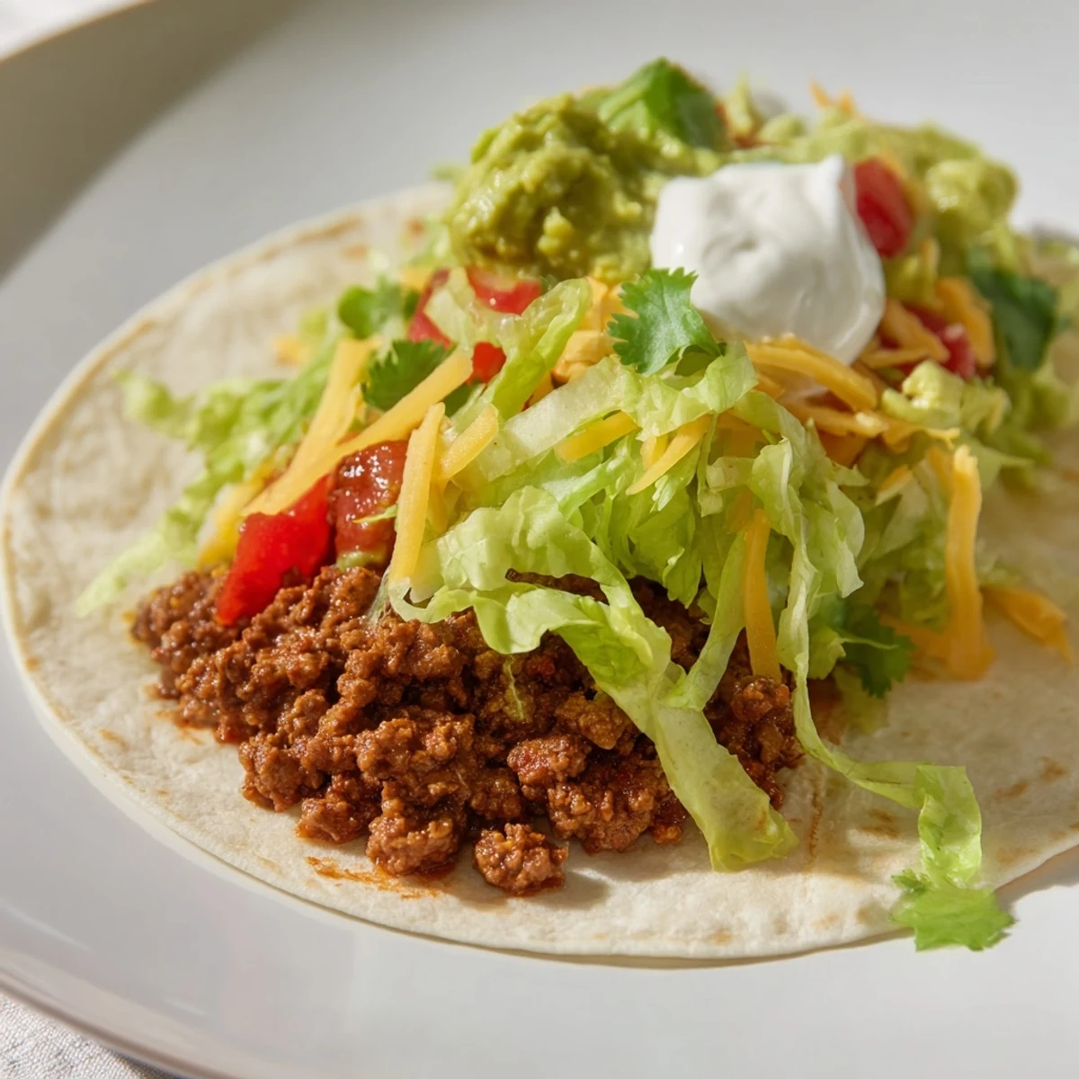 Freshly assembled beef tacos with soft flour tortillas, topped with shredded lettuce, diced tomatoes, melted cheddar, creamy avocado, and a dollop of sour cream.