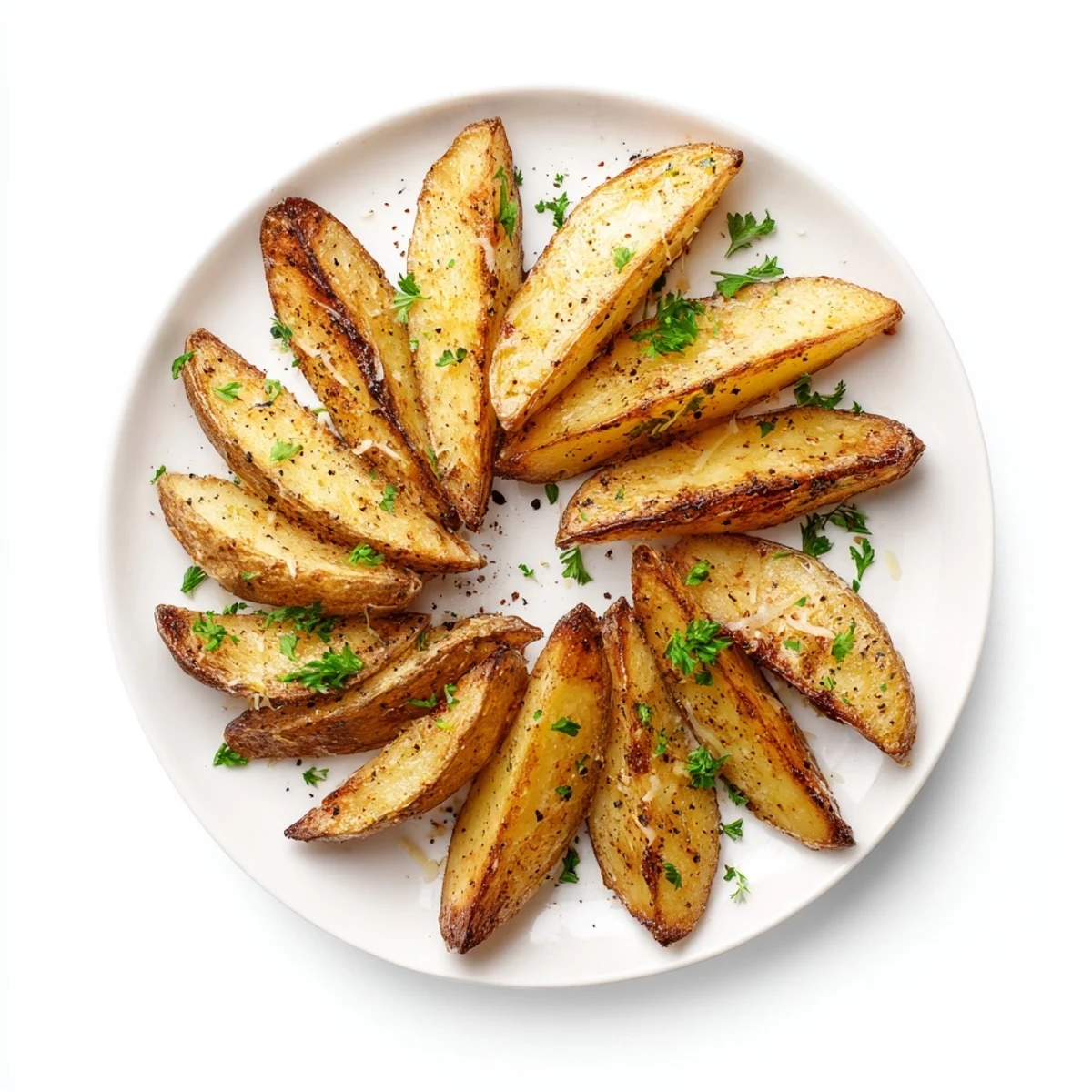 Crispy Oven Baked Potato Wedges piled high on a plate, showcasing golden-brown edges and fluffy interiors seasoned with smoked paprika.  