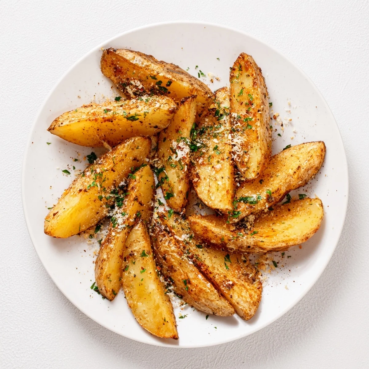 A close-up of Crispy Oven Baked Potato Wedges garnished with fresh parsley and optional Parmesan, served alongside a creamy dipping sauce.  