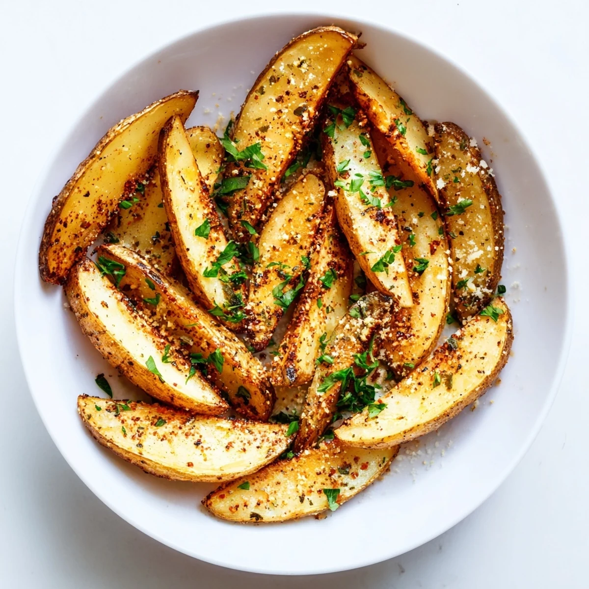 Perfectly seasoned Crispy Oven Baked Potato Wedges arranged on a parchment-lined baking sheet, highlighting their crunch and rustic charm.