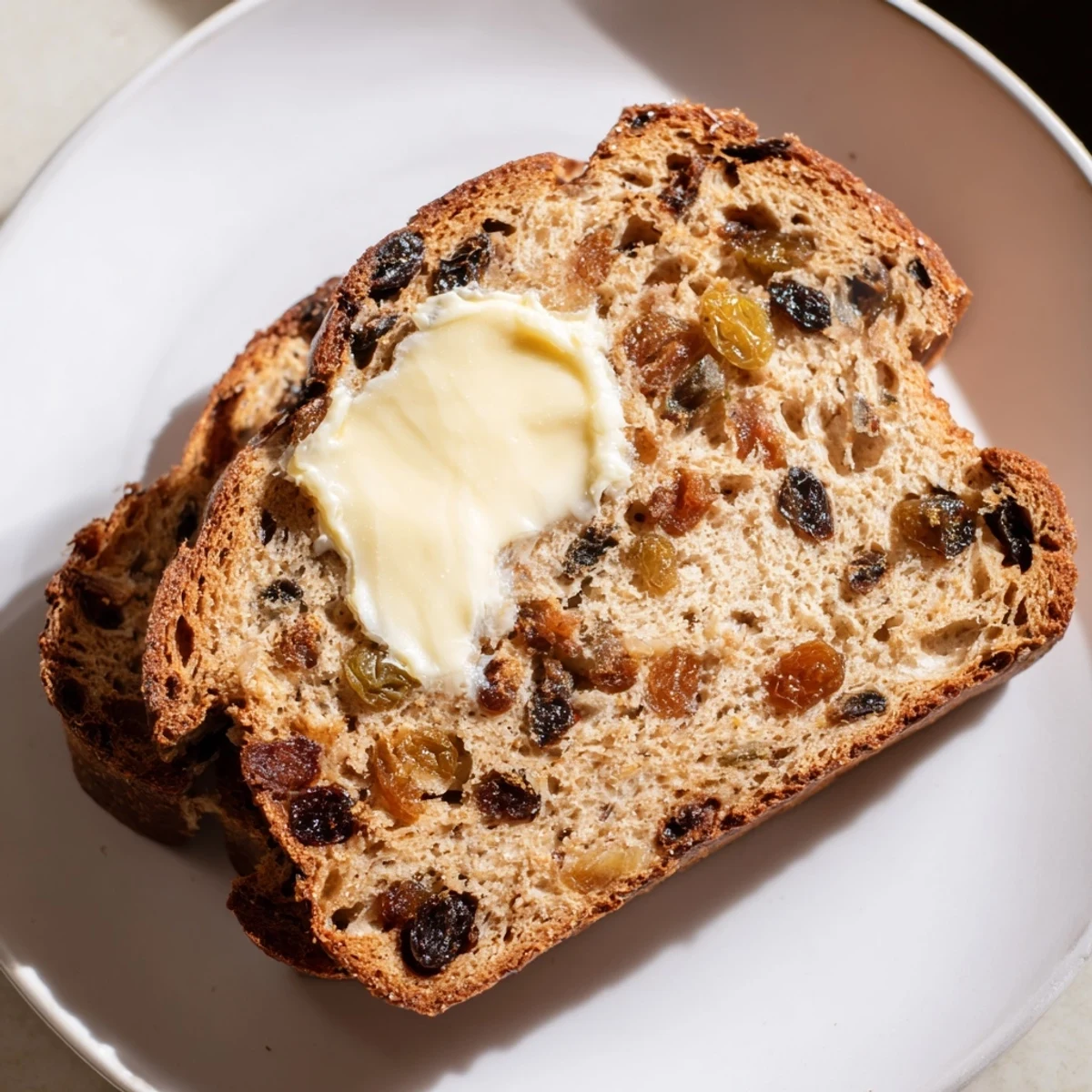 Freshly baked Irish Barmbrack fruit bread on a wooden board, showcasing tea-soaked raisins and golden crust.