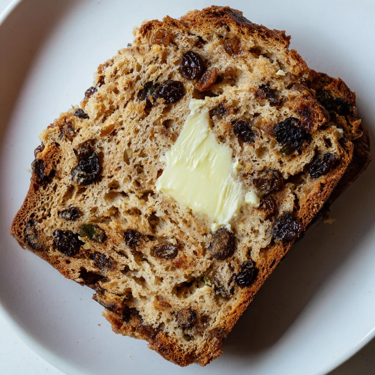 Warm Irish Barmbrack fruit bread loaf with orange zest and mixed spices, beautifully presented on a plate.