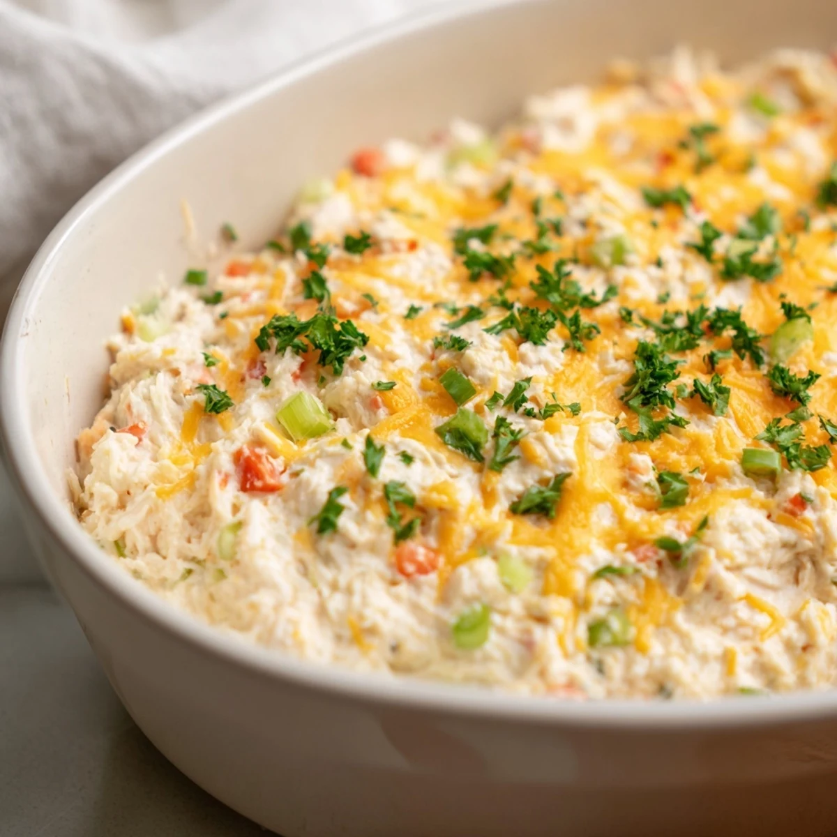 Cajun Crab Dip with crackers is a golden baked appetizer with diced bell pepper and scallions, perfect with crisp crackers.