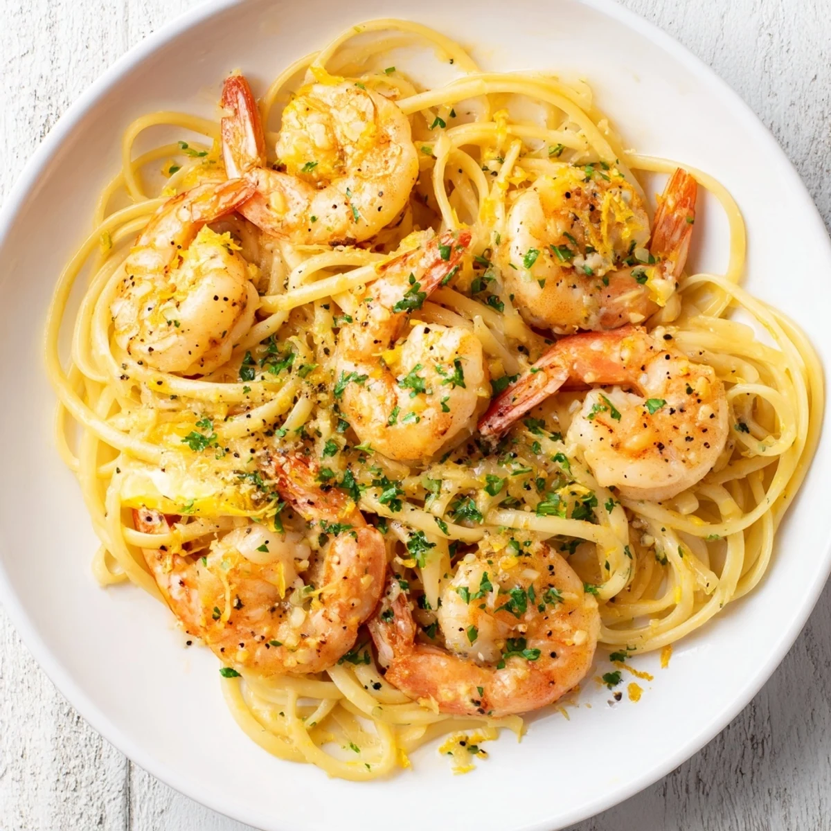 Close-up of succulent shrimp in a glossy garlicky butter sauce, tossed with linguine for a romantic dinner.