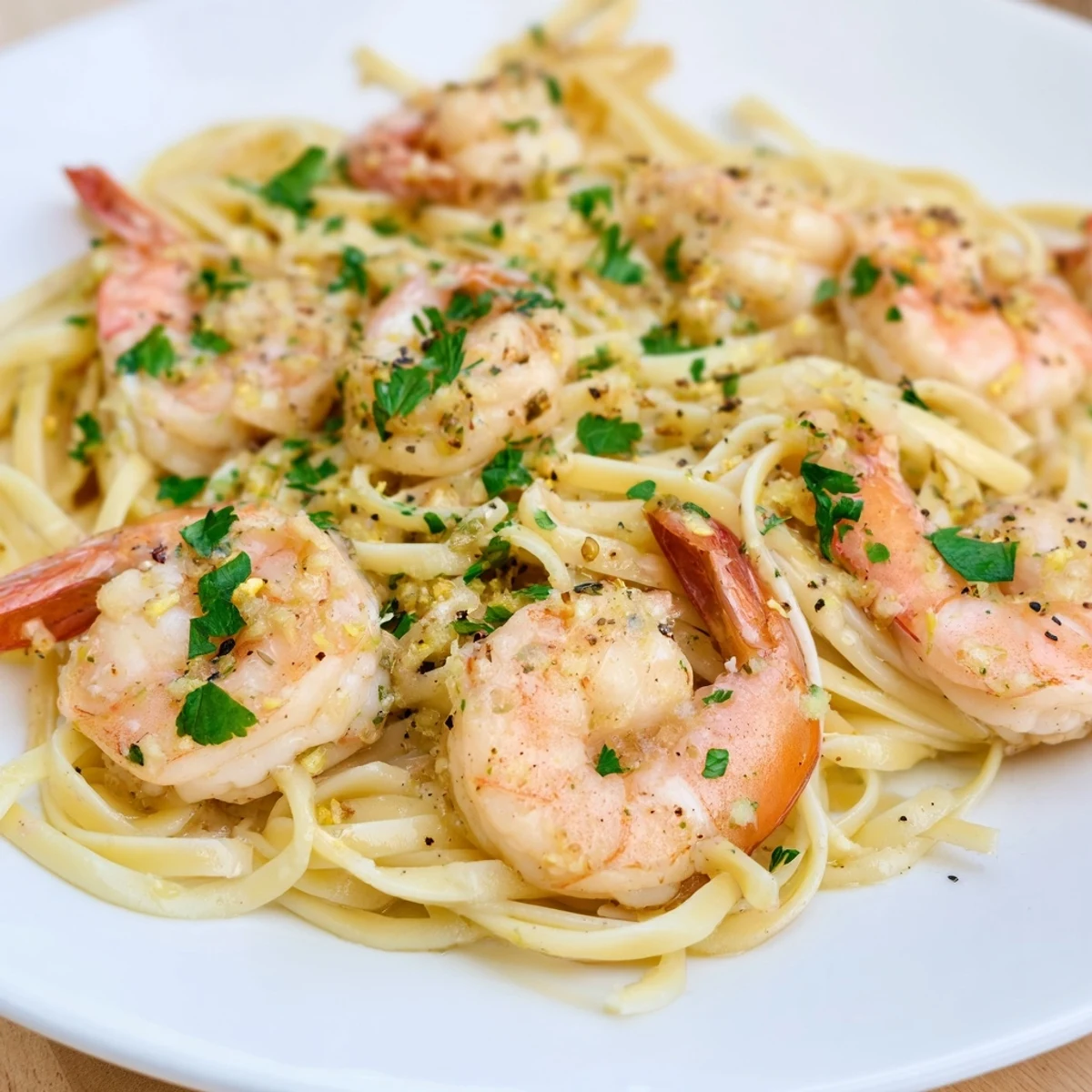 Date Night Shrimp Scampi served with lemon wedges and grated Parmesan over steaming al dente linguine noodles.