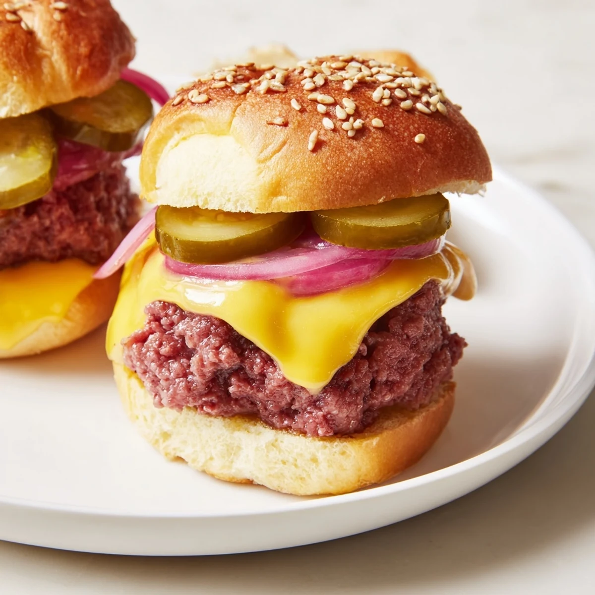 Two toasted buns cradle Tailgate Burger Sliders with Pickles, showcasing juicy patties and tangy pickles.