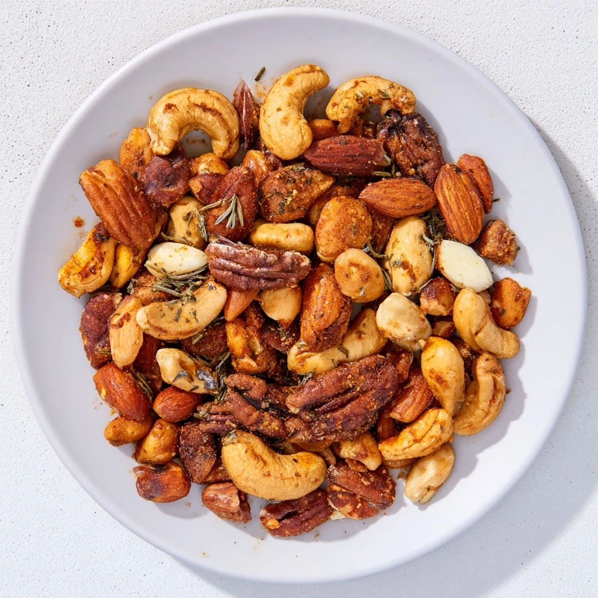 A bowl of vibrant Creole Spiced Nuts Mix ready for serving, featuring cashews, pecans, and almonds.