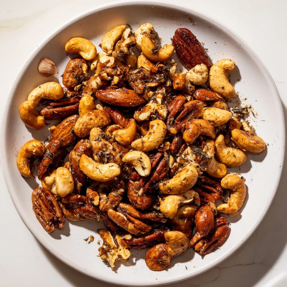 Golden brown Creole Spiced Nuts Mix cooling on parchment paper with a rustic wooden spoon.