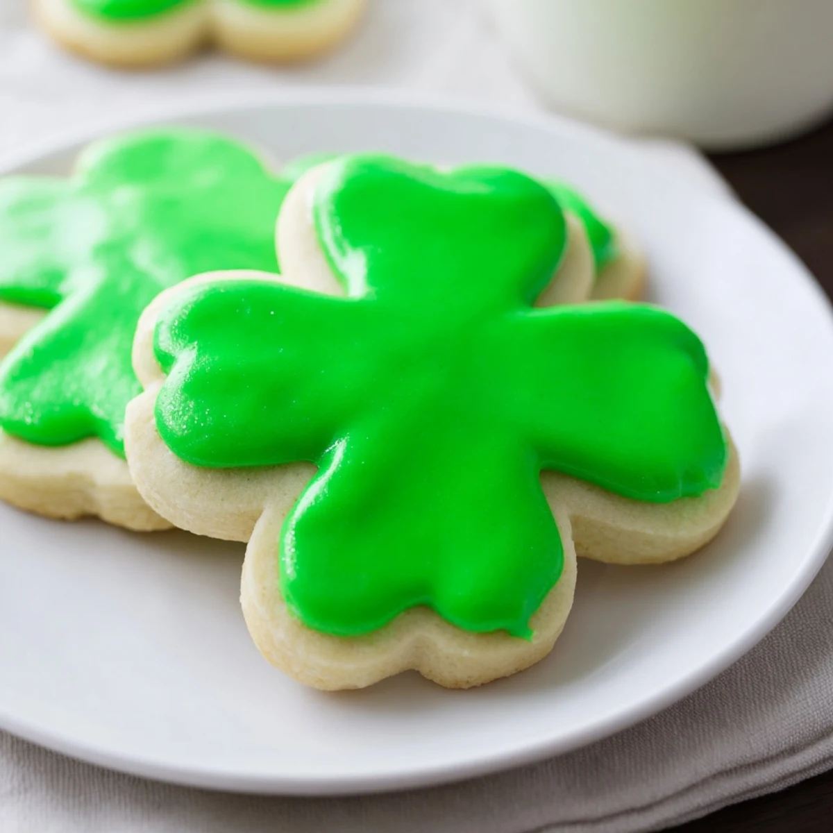 Stack of soft Shamrock Sugar Cookies with creamy green icing, ready for a festive St. Patrick's Day dessert table.