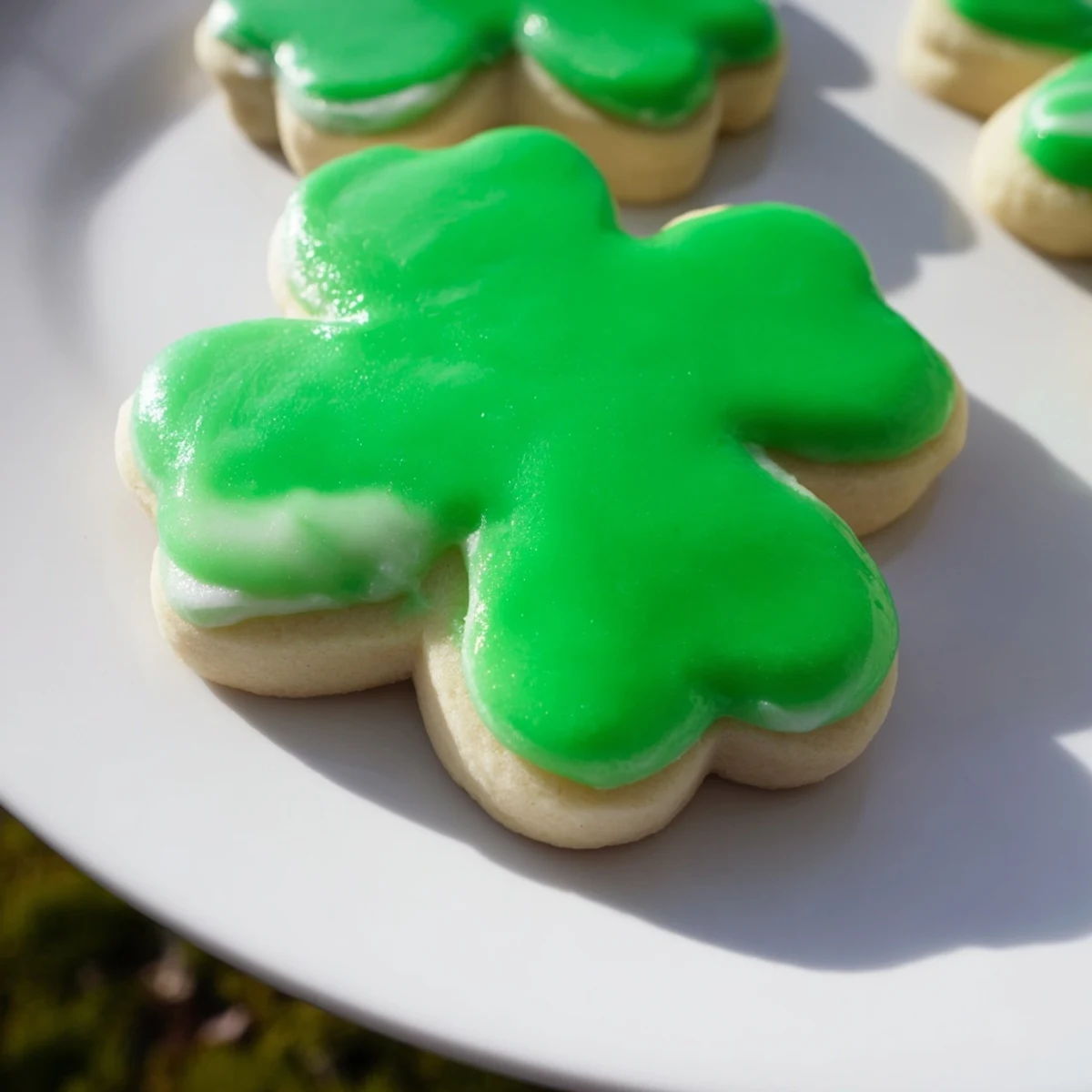 Golden-edged Shamrock Sugar Cookies decorated with smooth green icing, perfect for sharing at cheerful holiday gatherings.