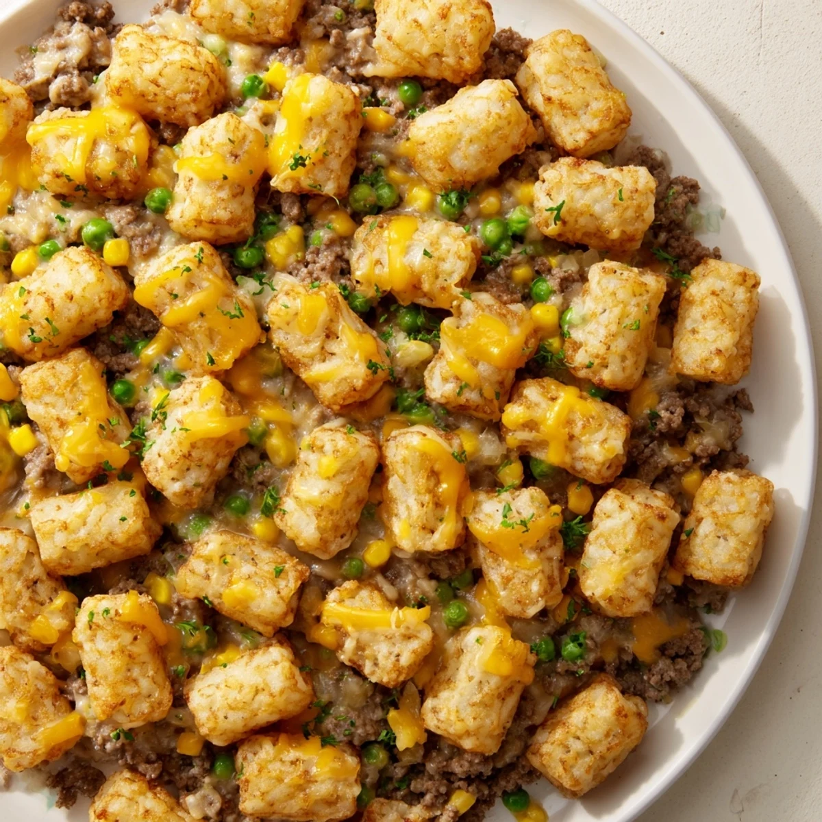 A close-up of Super Bowl Tater Tot Casserole bubbling with melted cheddar and golden-brown potato rounds.
