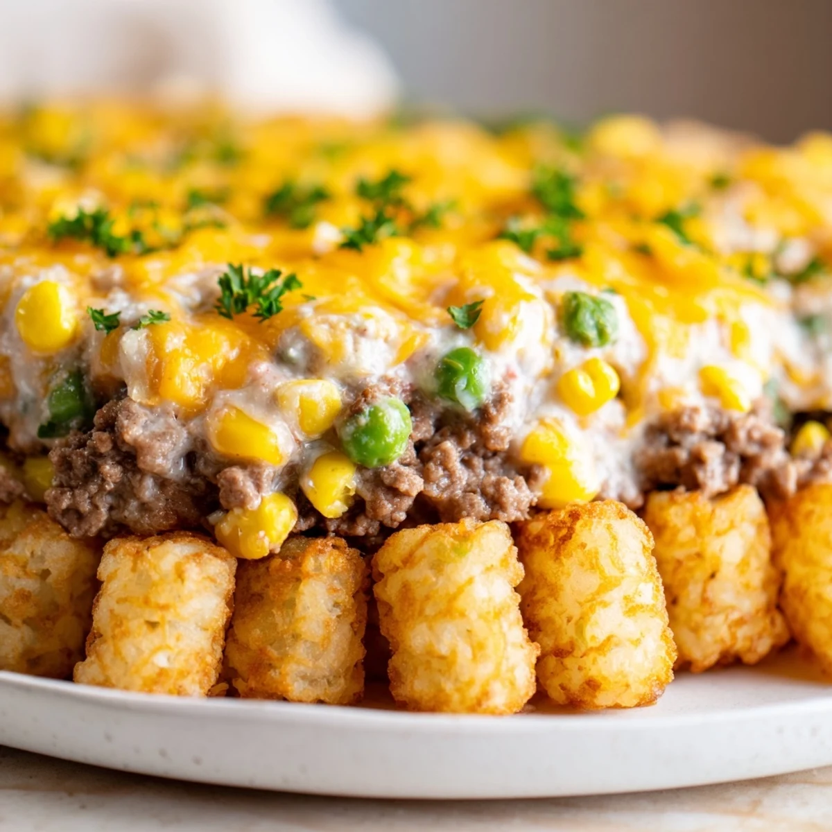 Serving suggestion for Super Bowl Tater Tot Casserole, garnished with fresh parsley and served hot from the oven.