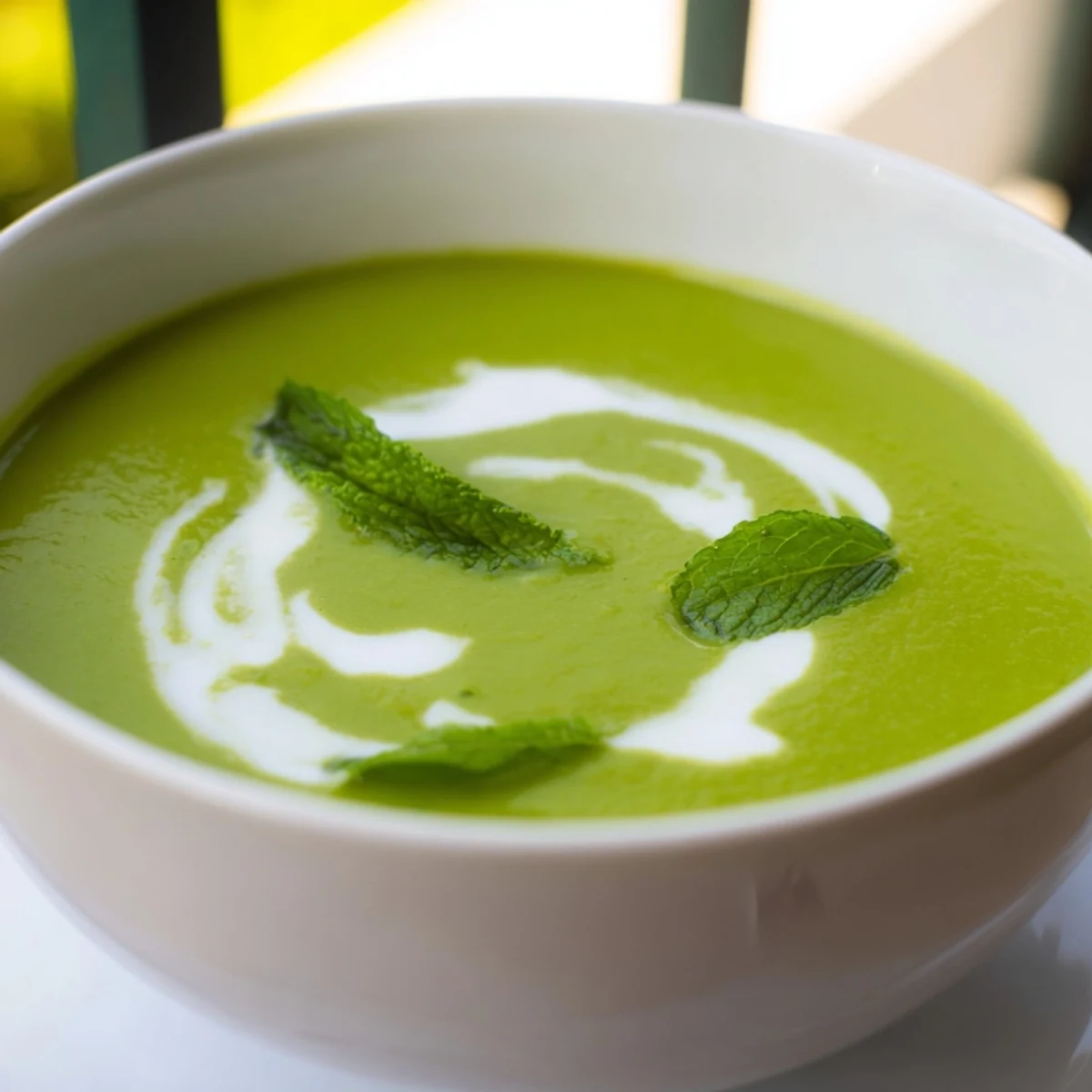 Steaming bowl of homemade green pea and mint soup, served with crusty bread for dipping on the side.