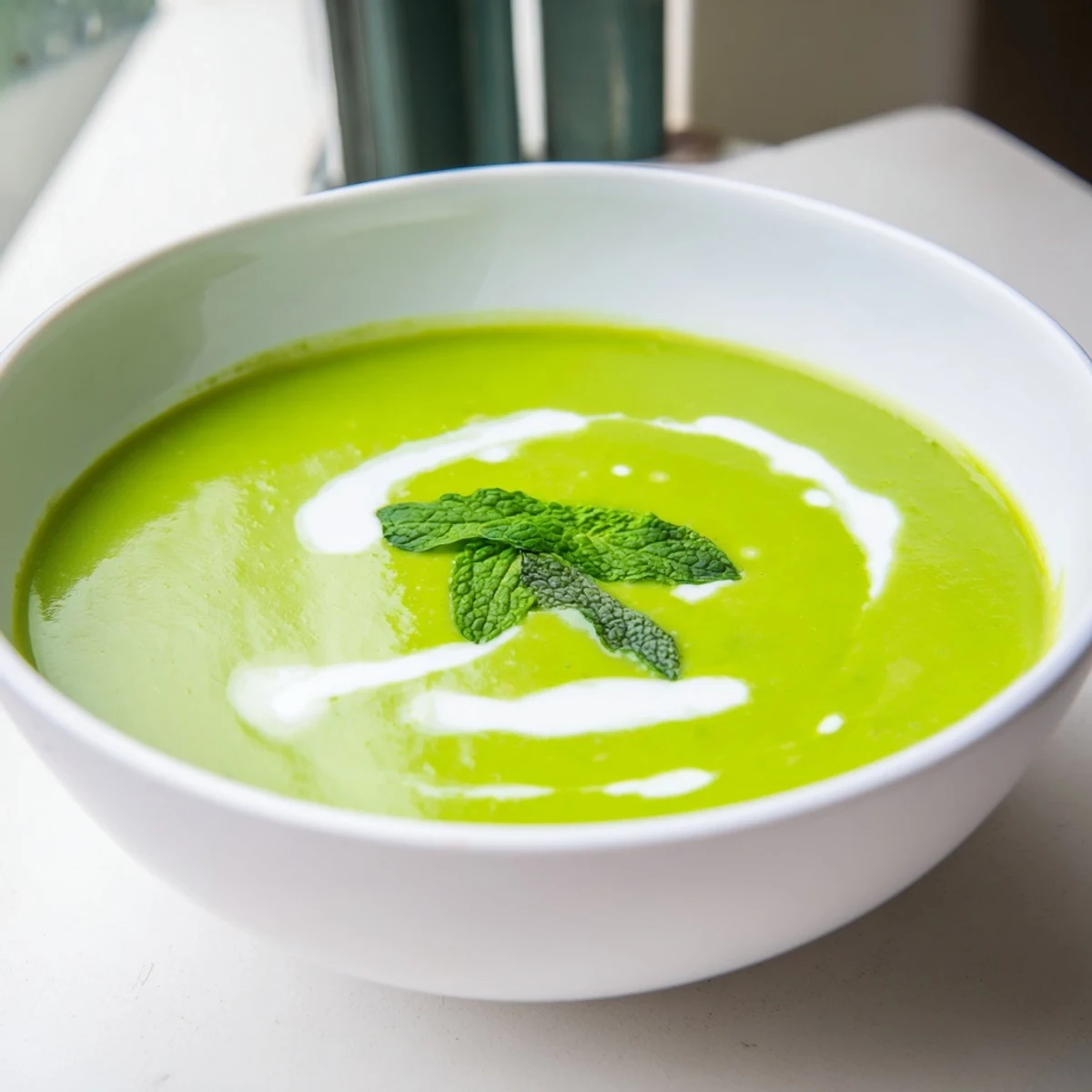 Close-up of creamy green pea and mint soup in a white bowl, highlighting its silky texture and fresh garnish.