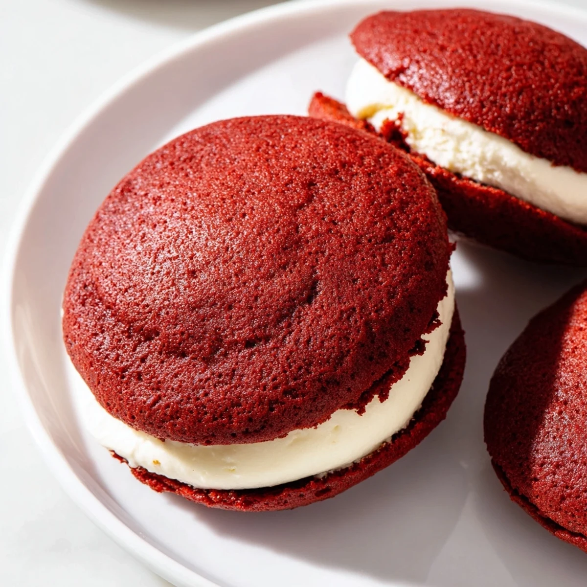 Stacked Red Velvet Whoopie Pies with cream cheese filling showcase the classic American dessert's velvety texture and vibrant red hue.  