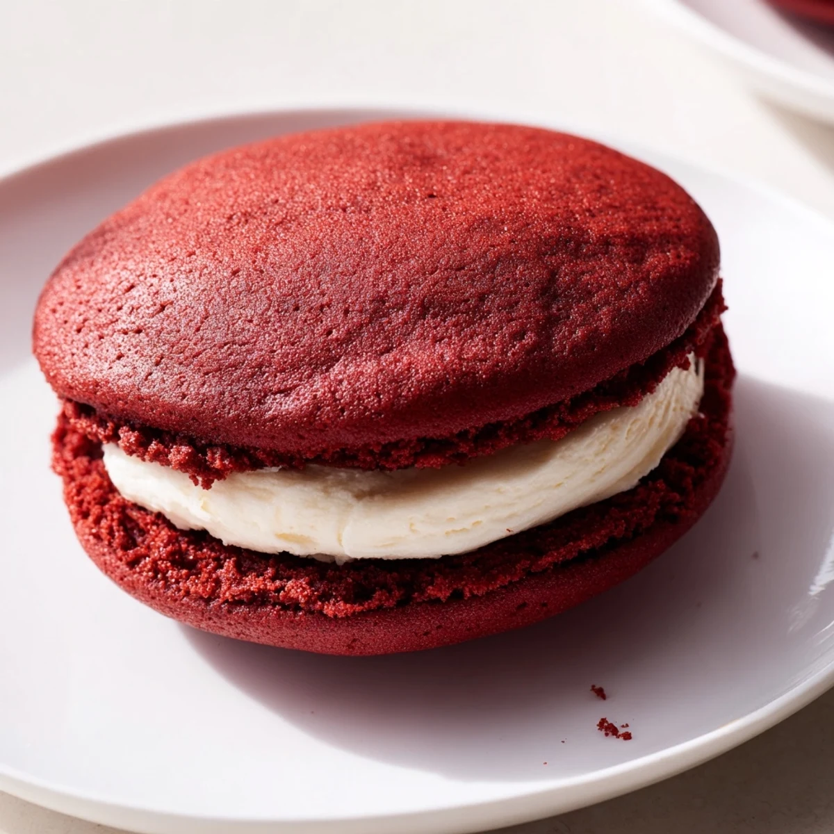 Close-up of a soft, cream cheese-filled Red Velvet Whoopie Pie, highlighting its rich, ruby-red crumb and sweet filling.  
