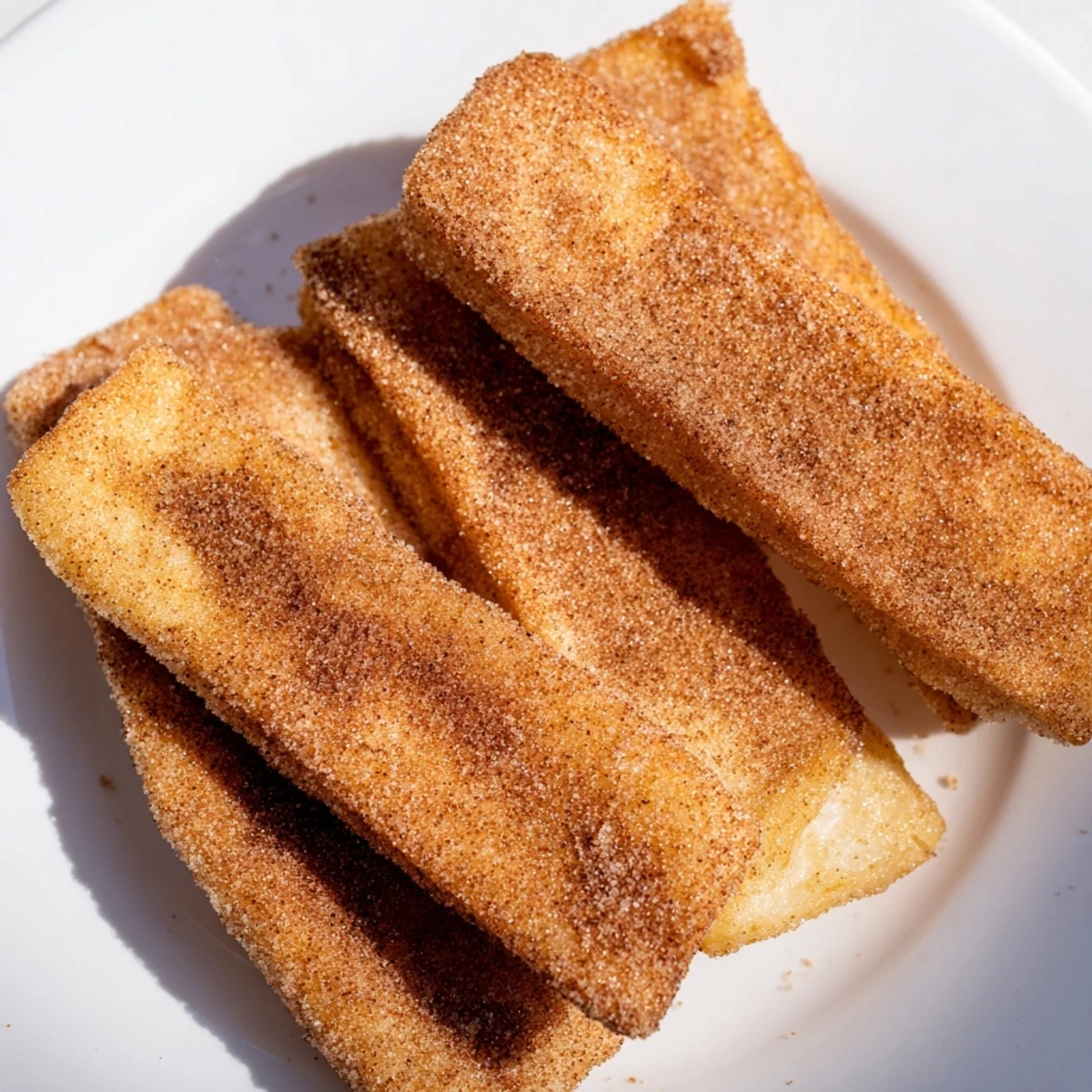 Golden-brown Mardi Gras fried dough rectangles coated in cinnamon sugar, stacked on a festive purple and green plate.  