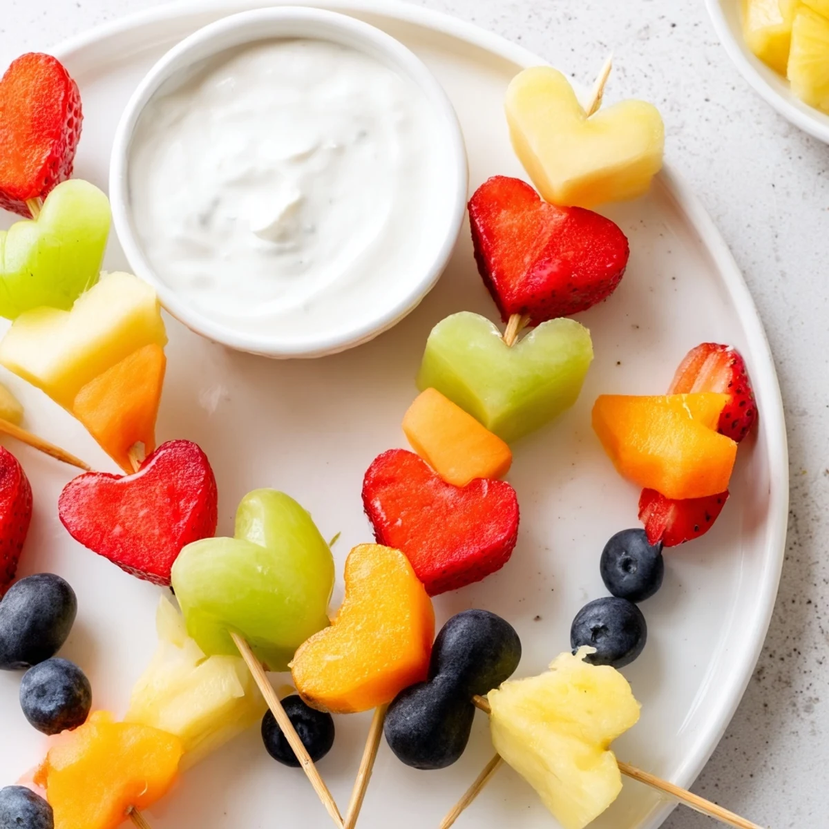 A close-up of colorful fruit skewers, honey-sweetened Greek yogurt dip, and scattered grapes and blueberries for a party-ready treat.